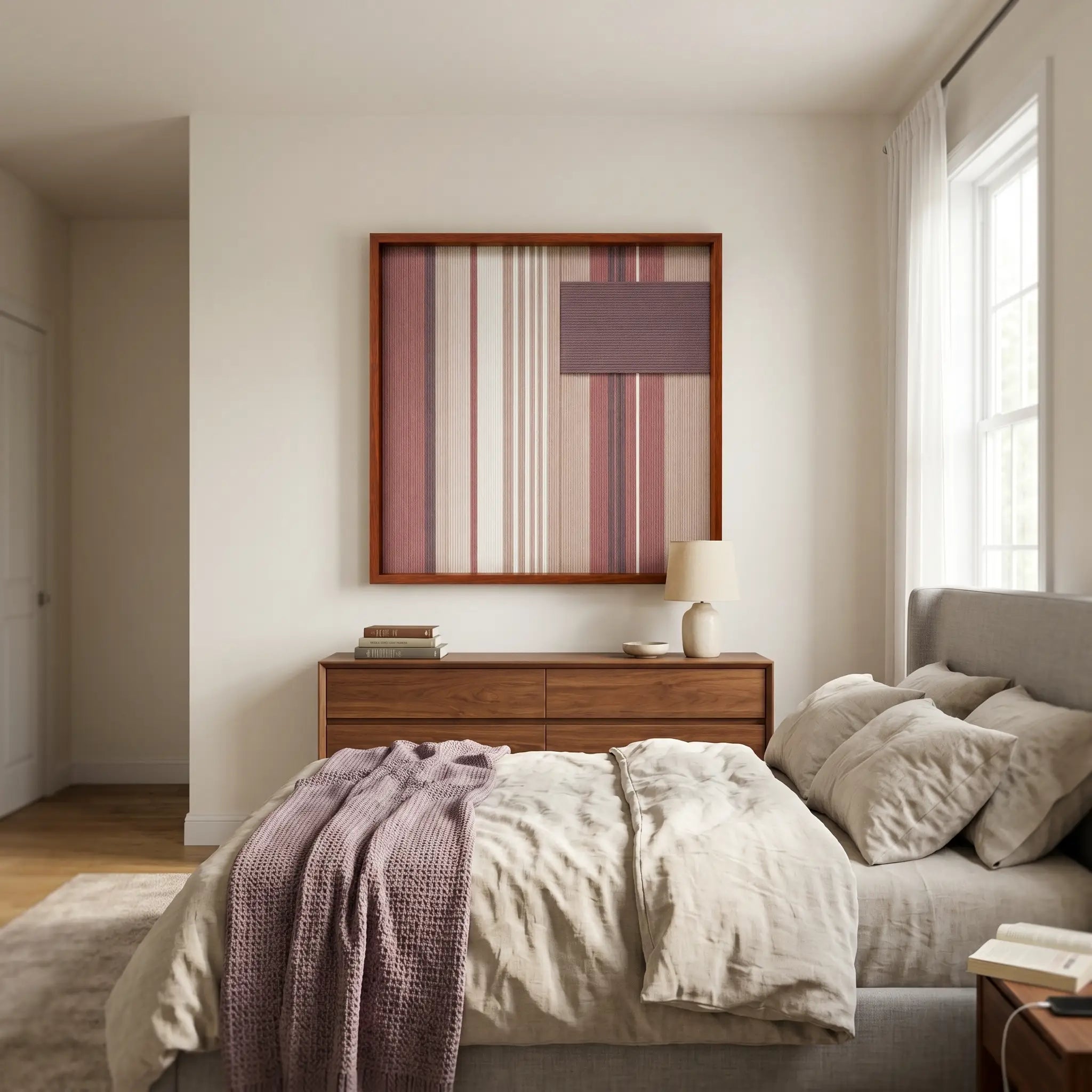 Beautiful square framed hand-woven textile wall art styled elegantly above a bed featuring a matching plum purple throw blanket in a serene, neutral bedroom.