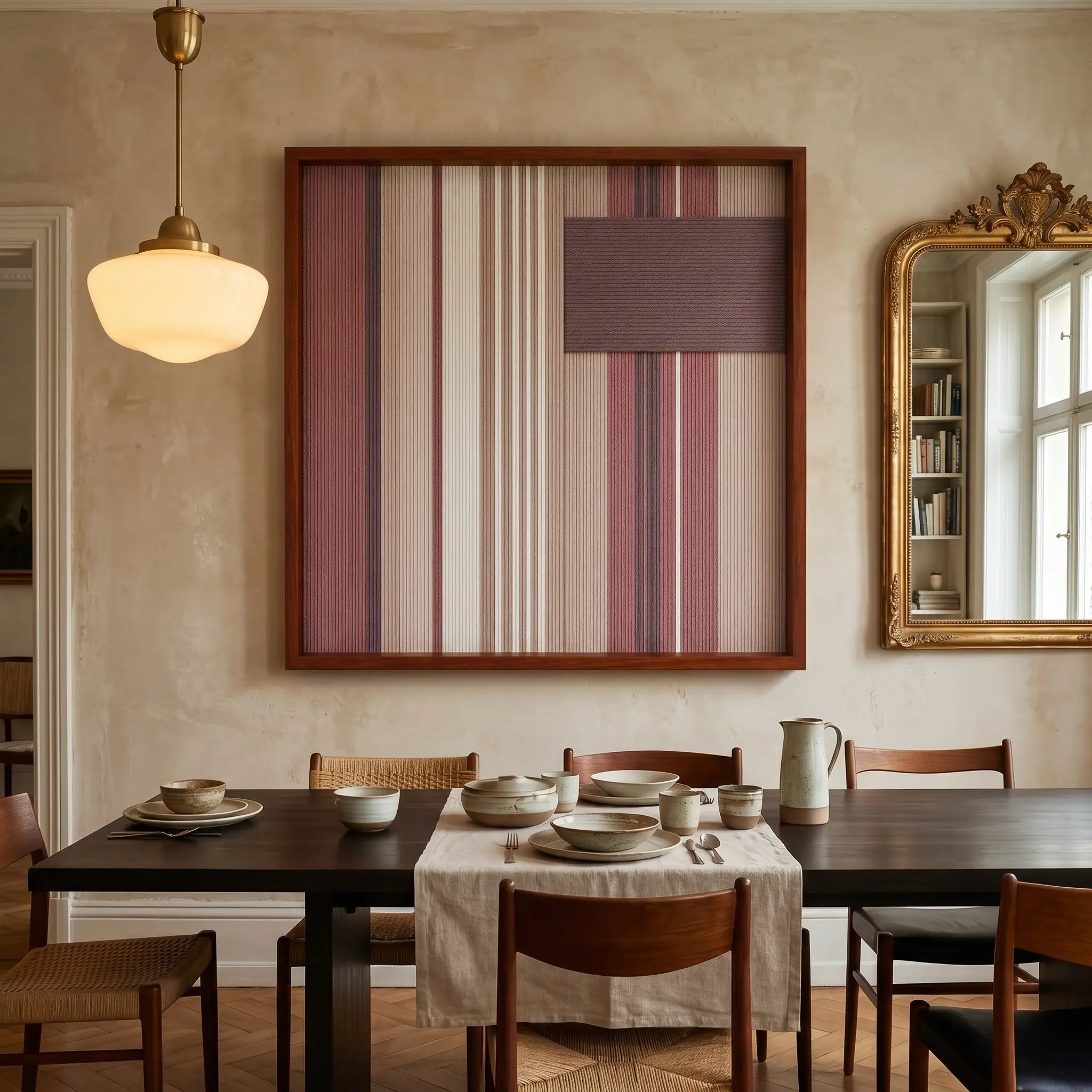 The Midnight Plum hand-woven wool tapestry provides a warm focal point over a dark wooden dining table in a cozy, softly lit dining room.