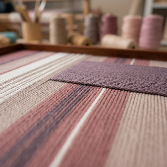 Extreme low-angle macro shot of the Midnight Plum hand-woven textile art lying flat in a studio, highlighting the textured dark plum patch over mauve, pink, and beige yarn stripes.