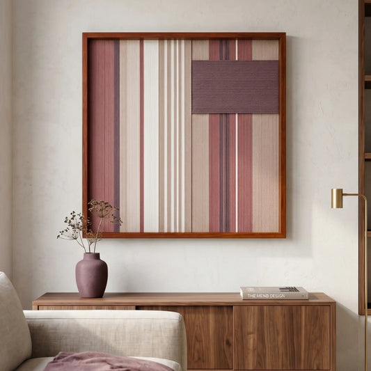 Framed Midnight Plum textile wall art displayed in a bright living room, hanging above a mid-century wooden credenza adorned with a matching plum ceramic vase.