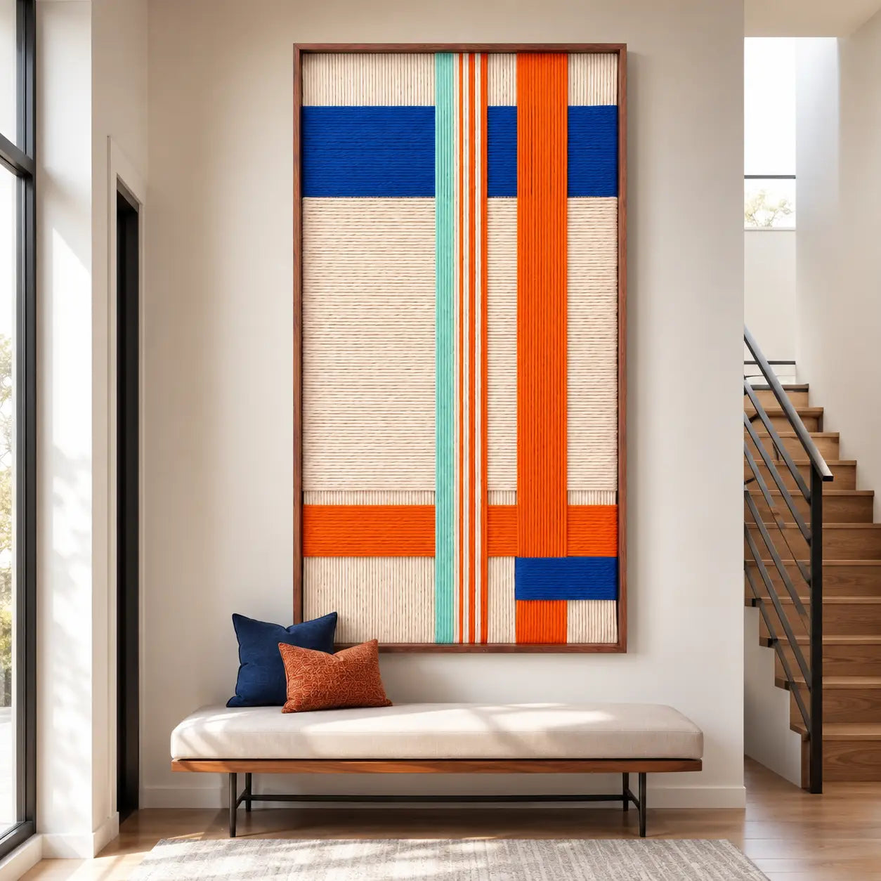 An entryway styled with the Midtown Rhythm hand-woven tapestry, creating a warm and welcoming atmosphere with its vibrant colors and clean lines.