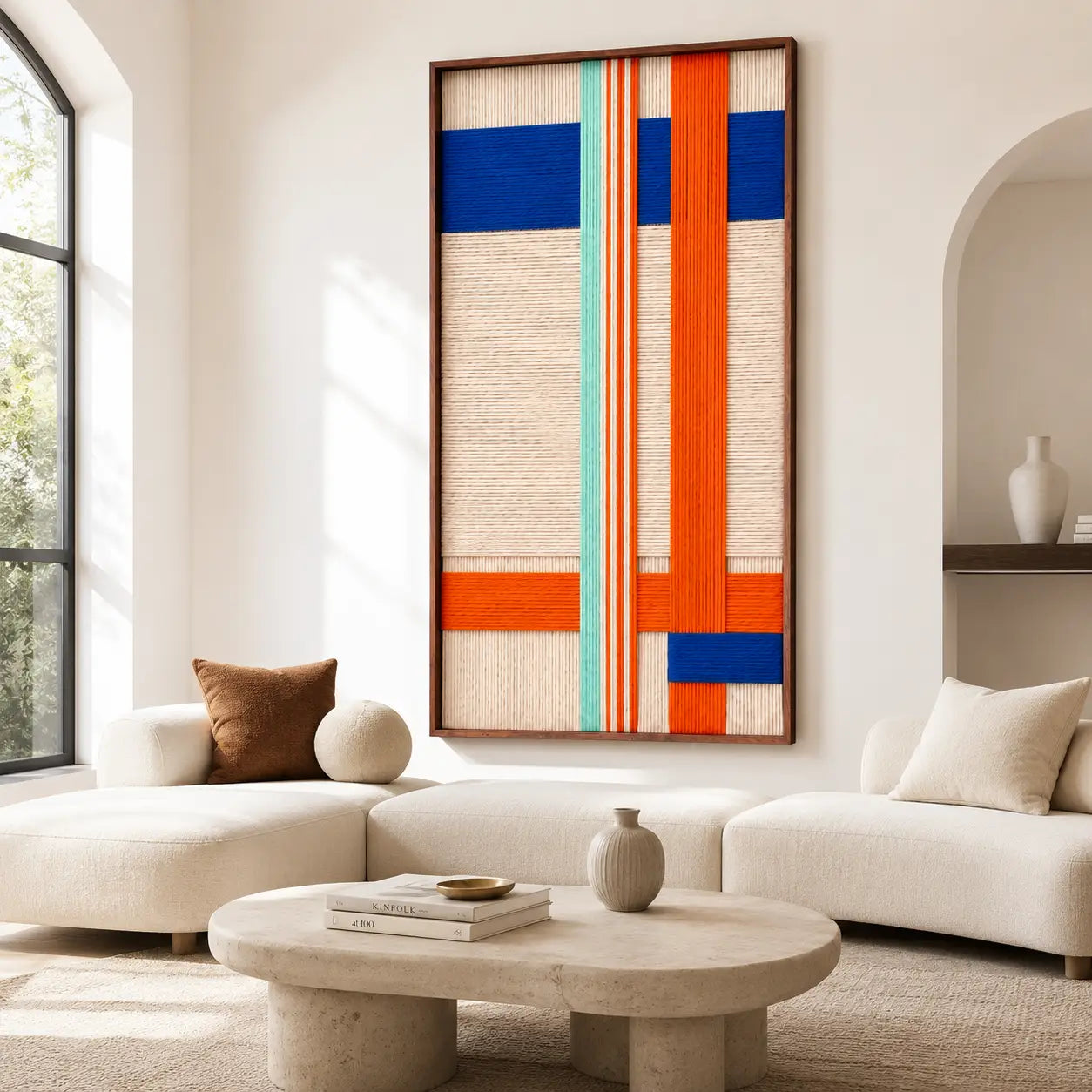 Midtown Rhythm geometric wall art hanging above a sofa in a bright living room, perfectly complementing the soft minimalist furniture design.