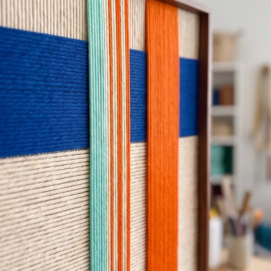 A side-angle perspective of the Midtown Rhythm geometric wool wall art, highlighting its structured, flat weave and premium metal frame construction.