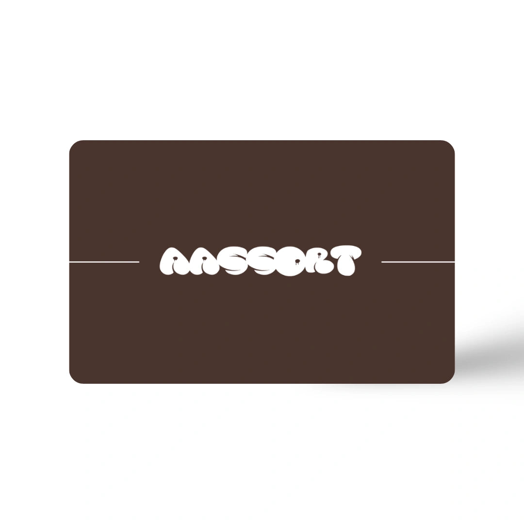 A clean, minimalist view of the AASSORT store credit card, offering a flexible shopping option for unique tapestry and home decor pieces.