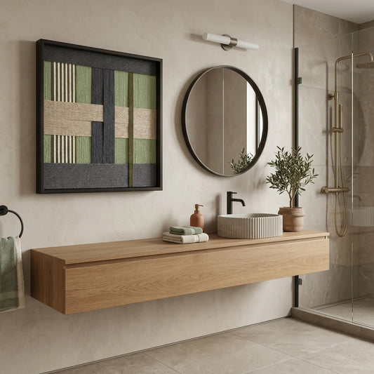 Modern textured wool wall art displayed in a luxury bathroom above a floating oak vanity and circular mirror.