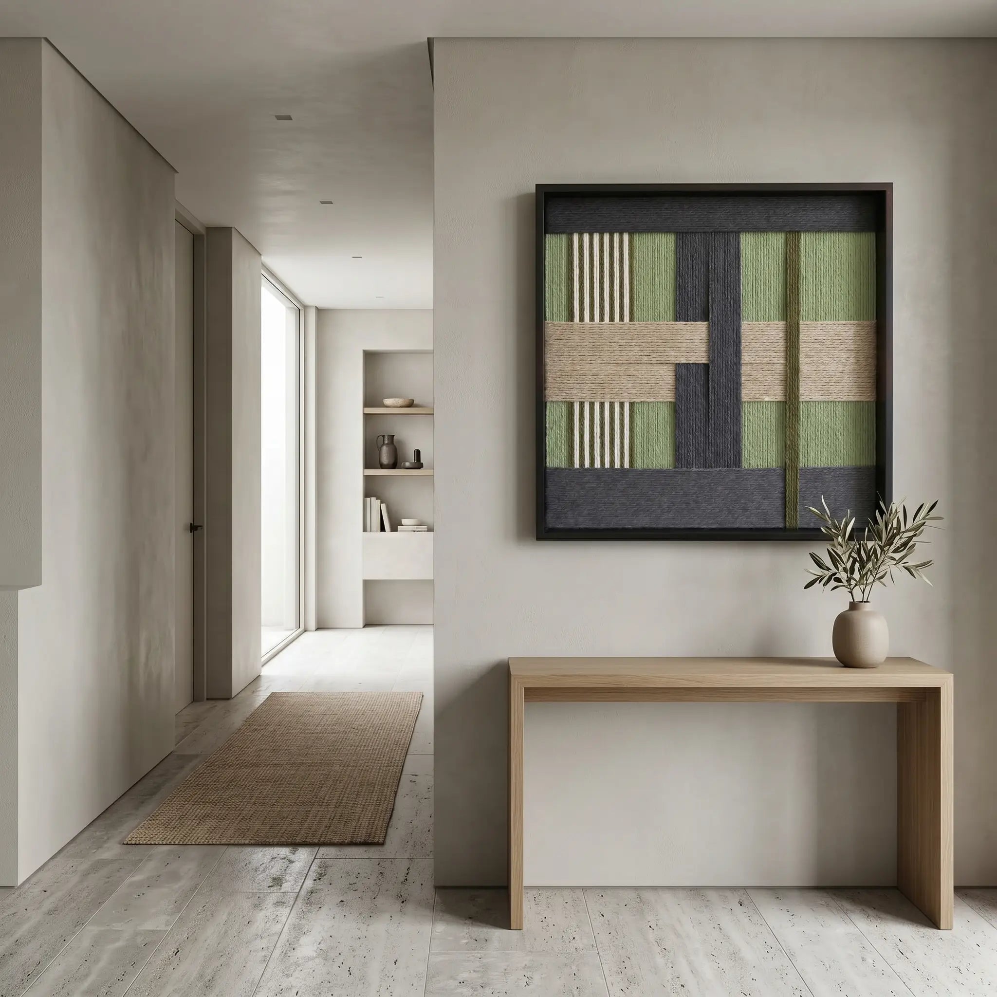 Hand-woven wool tapestry creating a serene focal point in a modern foyer above a minimalist wooden console table.
