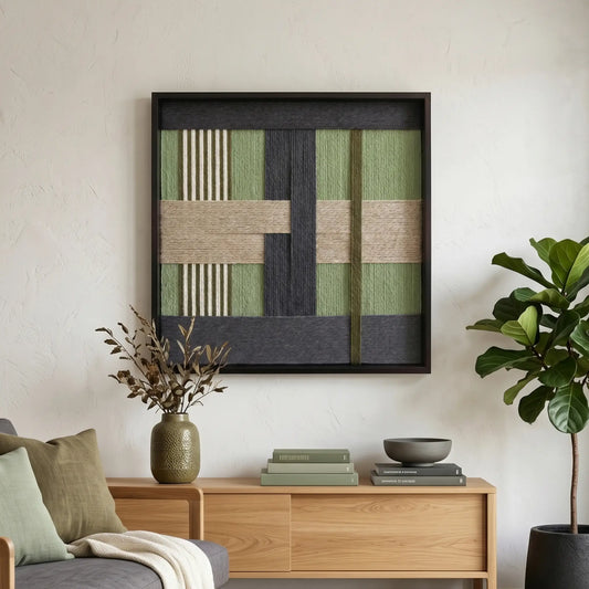 Large square fiber wall art in forest tones hanging above a light wood sideboard in a bright, minimalist living room.