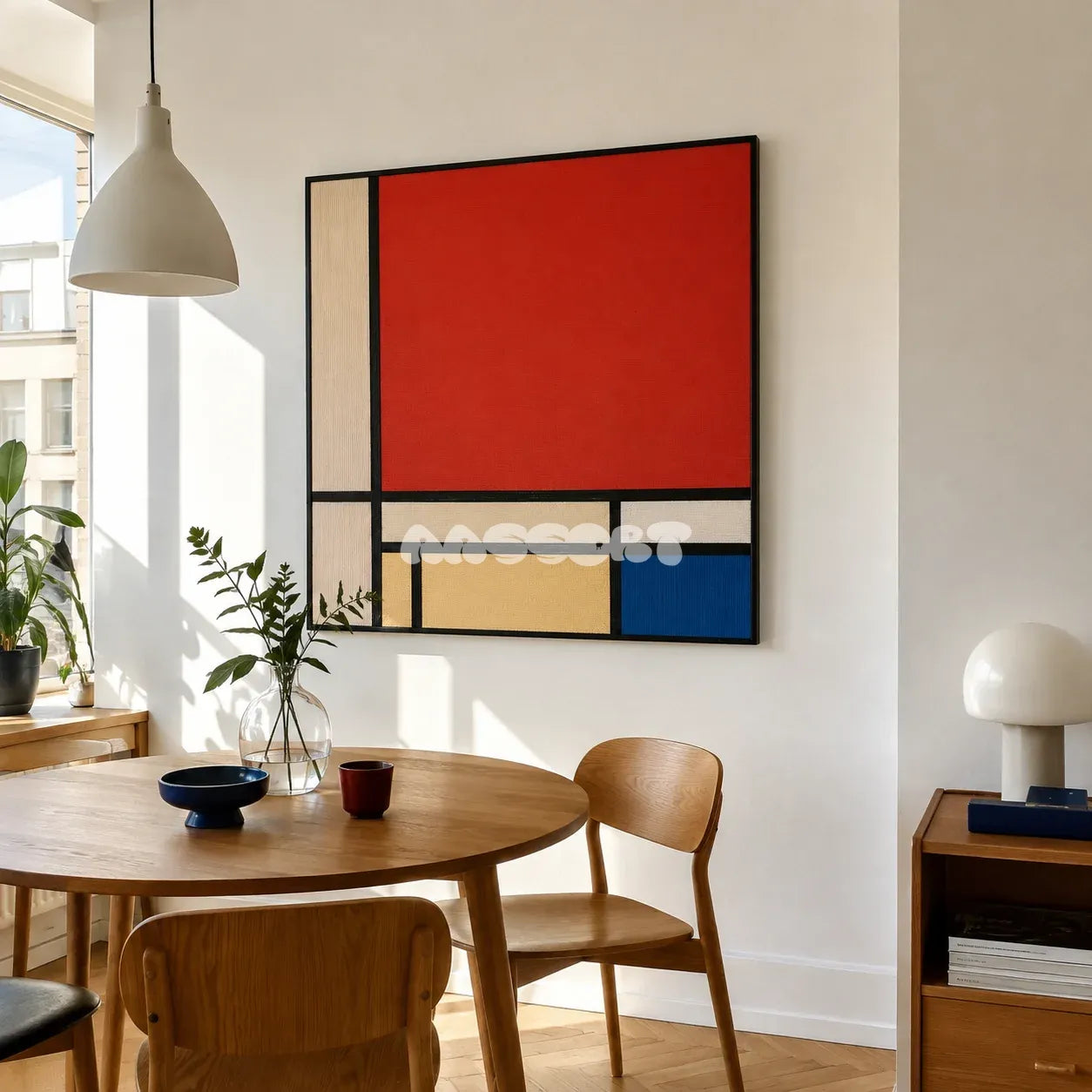 Mondrian red blue yellow and black textile wall art styled above a round wood table in a sunlit modern dining room.