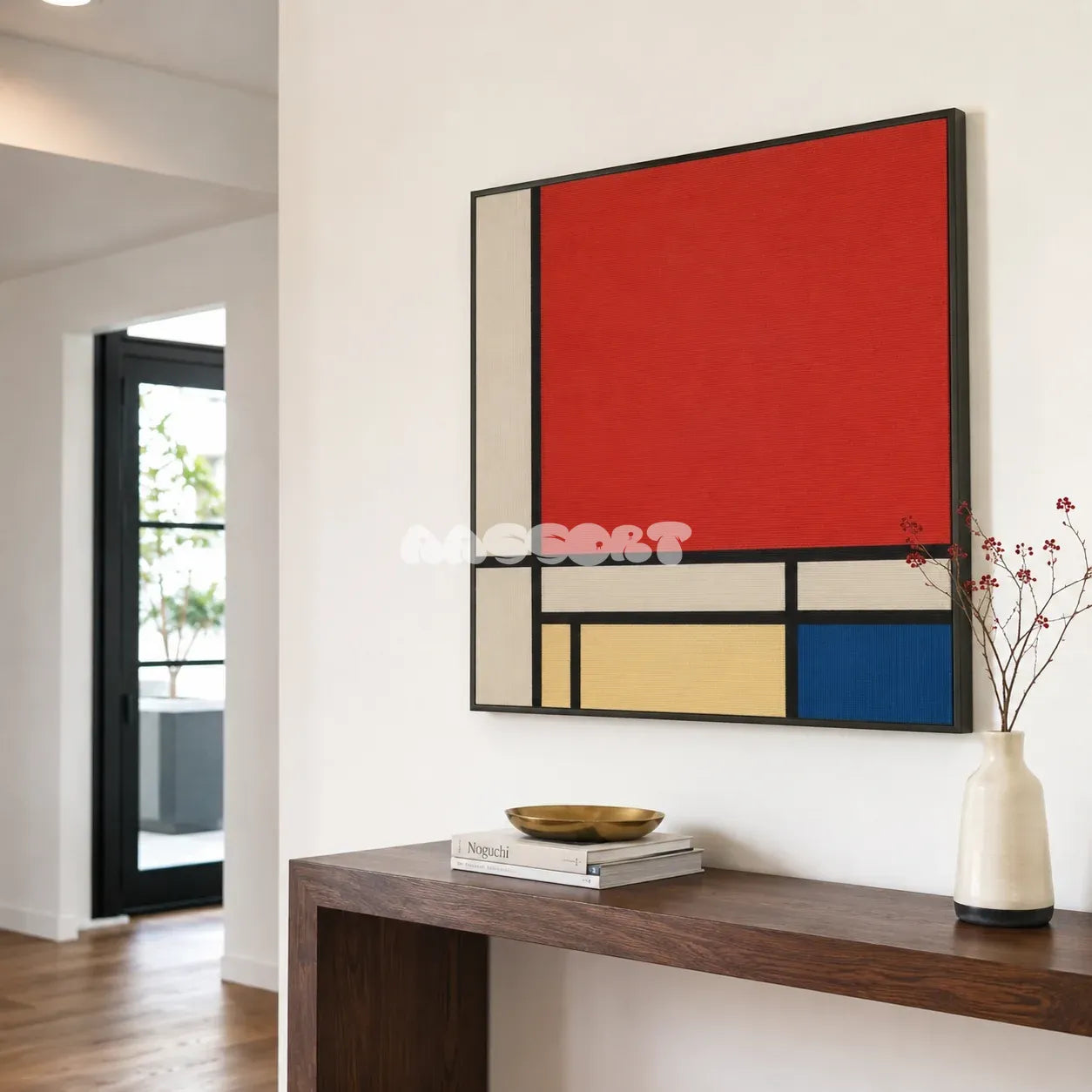 Mondrian red blue yellow and black textile wall art displayed above a dark wood console in a clean minimalist entryway.
