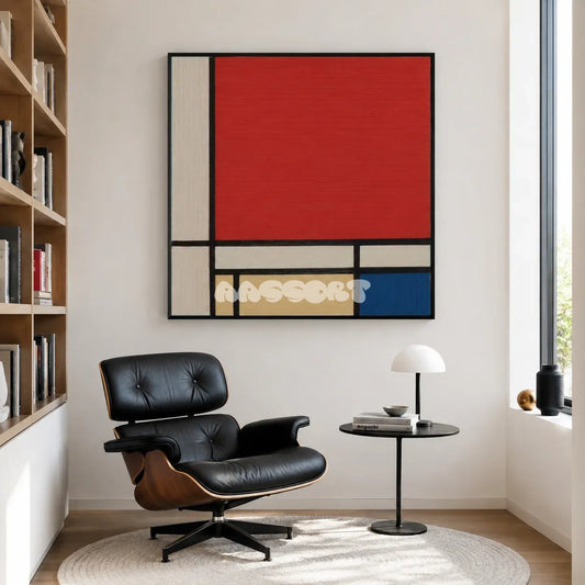 Mondrian red blue yellow and black textile wall art displayed above a leather lounge chair in a bright modern reading corner.