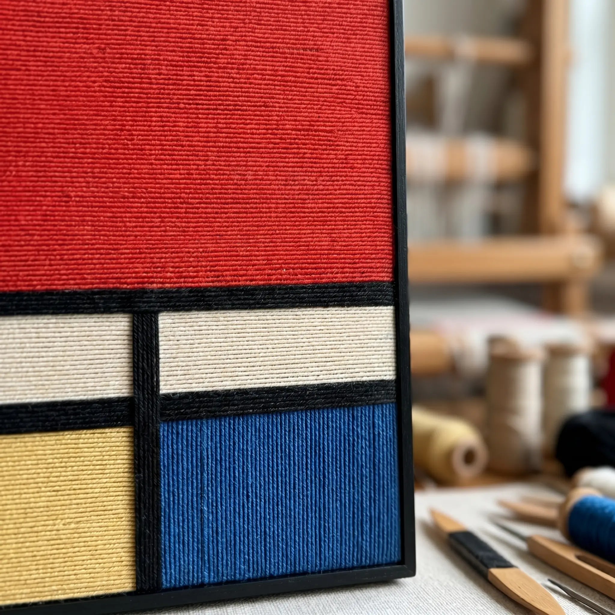 Close-up of the blue and yellow hand-woven sections showing the high-quality craftsmanship and dense textile texture of the framed art.