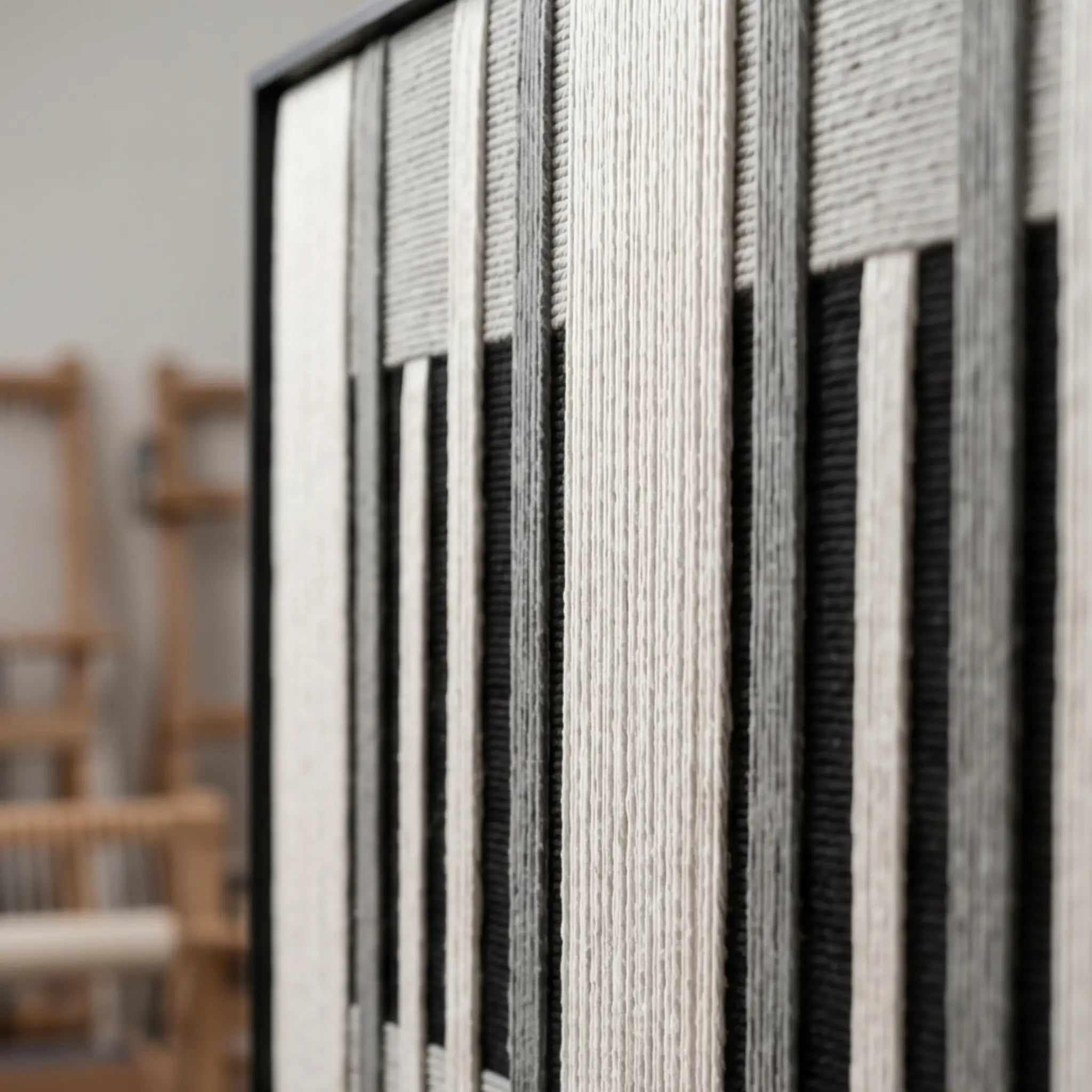 Angled close-up of the Monochrome Tempo framed wall art showcasing the raised, dimensional black and white hand-woven wool texture.