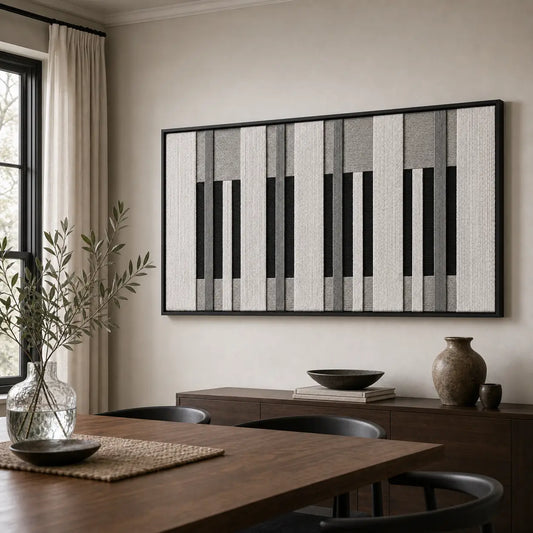 The striking black and white hand-woven wool tapestry provides a dramatic focal point over a dark wooden dining table in a bright dining room.