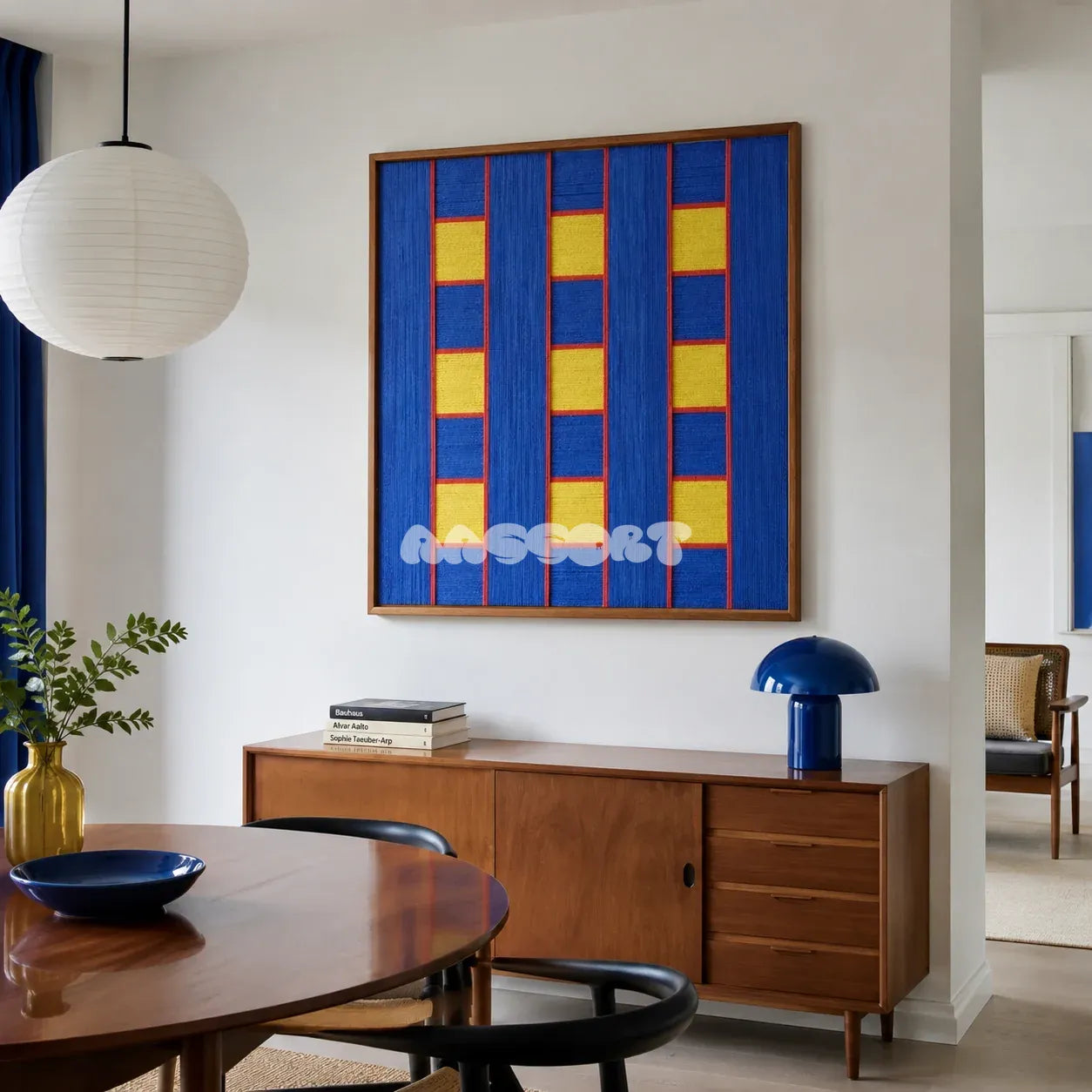 Moonlit Windows blue, yellow, and red geometric yarn wall art displayed above a wooden sideboard in a modern dining room.
