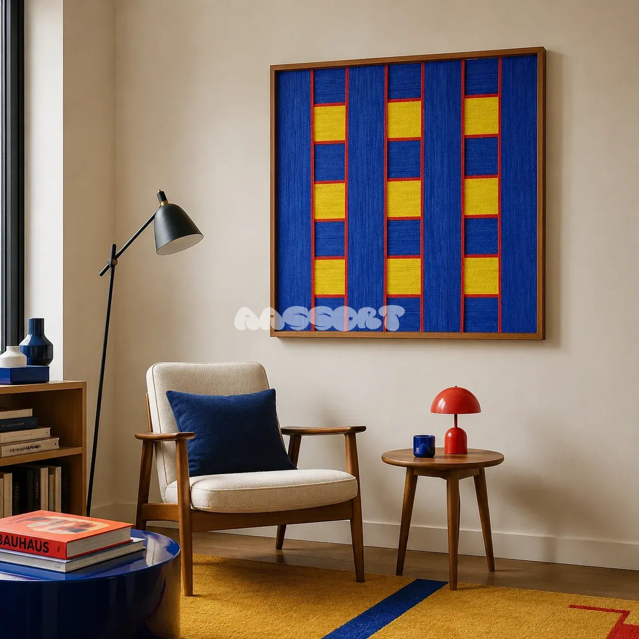 Moonlit Windows blue, yellow, and red geometric yarn wall art styled above a lounge chair in a colorful reading corner.