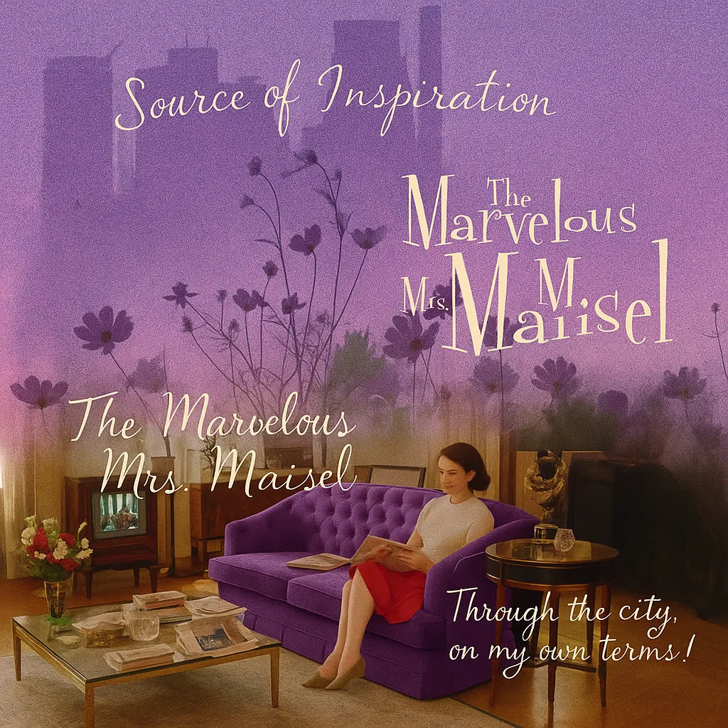 Inspiration graphic for Mrs. Maisel featuring a purple velvet lounge motif and the quote “Source of Inspiration: Marvelous Mrs. Maisel” to illustrate the artwork’s theatrical theme.
