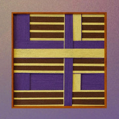Front view of Mrs. Maisel yarn wall art on plain white background, showing crisp lavender-and-gold grid alignment.
