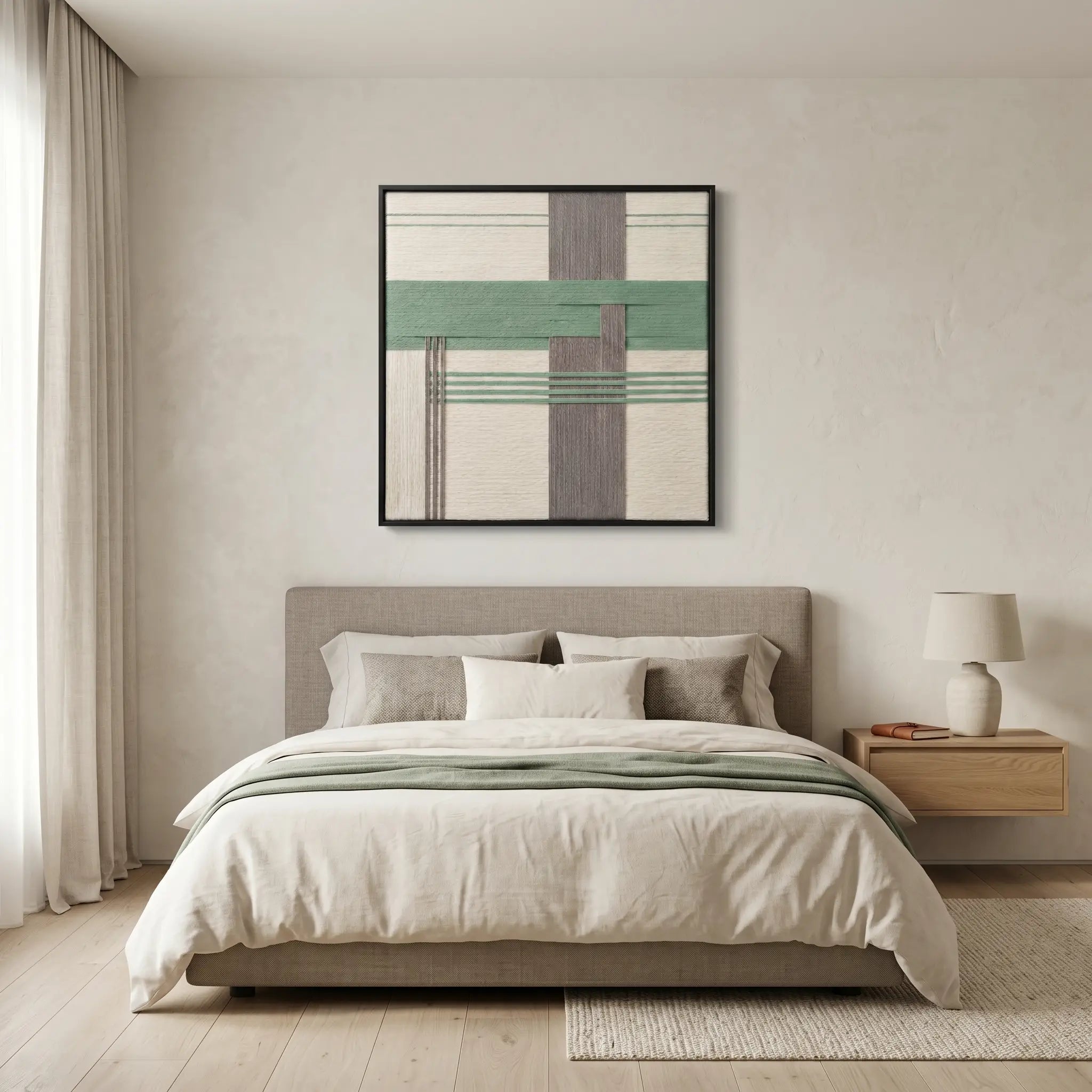 Framed geometric hand-woven wool wall art styled in a tranquil bedroom as a soft focal point above a modern bed with neutral bedding.