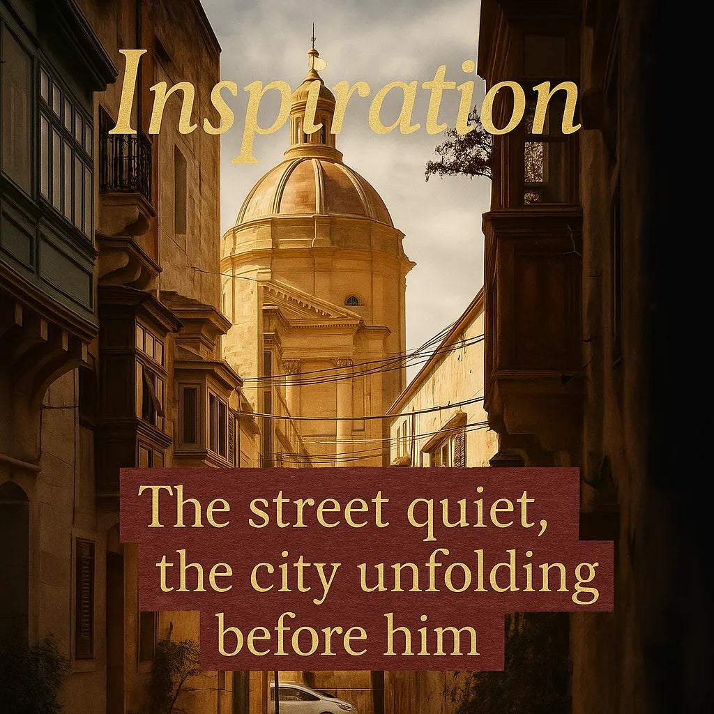 Inspiration graphic for “Napoli” wall art featuring urban street imagery at dusk and an overlay quote illustrating its modern mood
