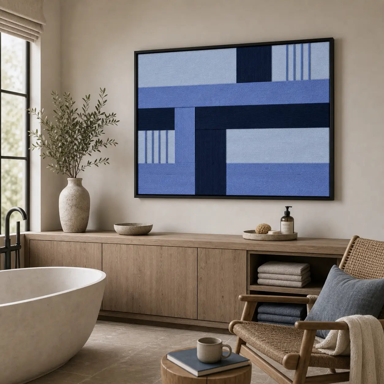 Large framed wool tapestry featuring geometric blue patterns hanging elegantly above a wooden cabinet in a modern luxury bathroom setting.