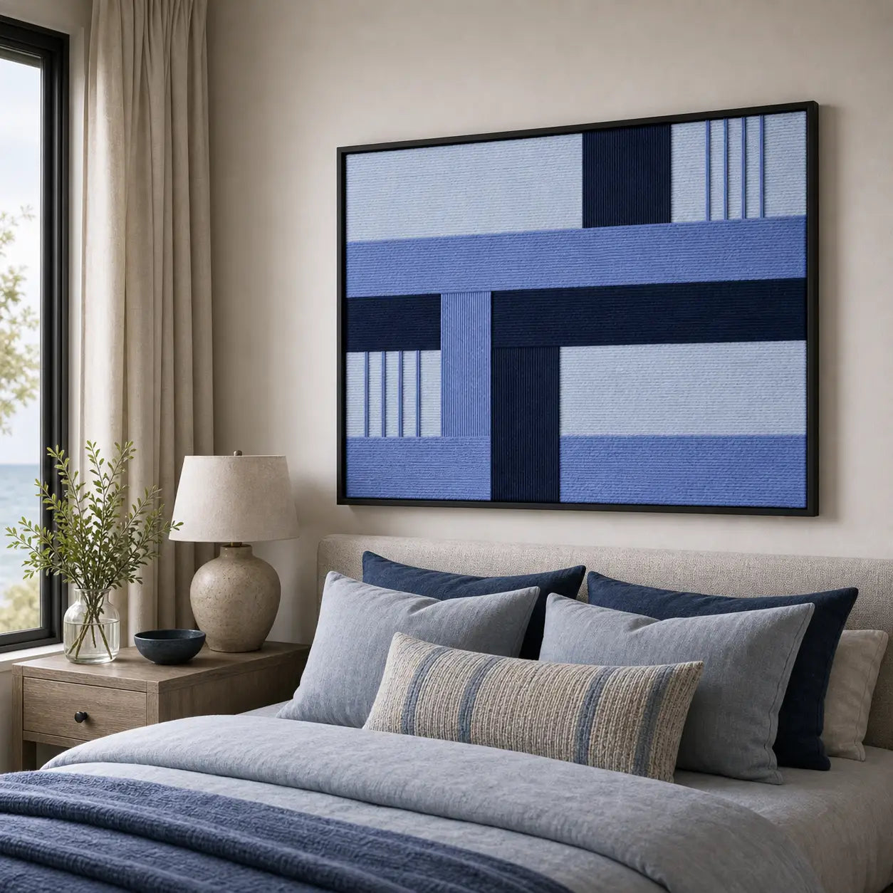 Nordic Tide geometric framed wall art creating a calming focal point in a cozy bedroom above a neatly styled blue bed.