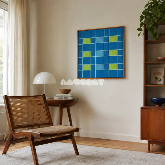 North Sea Poem blue and lime green geometric yarn wall art displayed above a cane chair in a bright reading corner.
