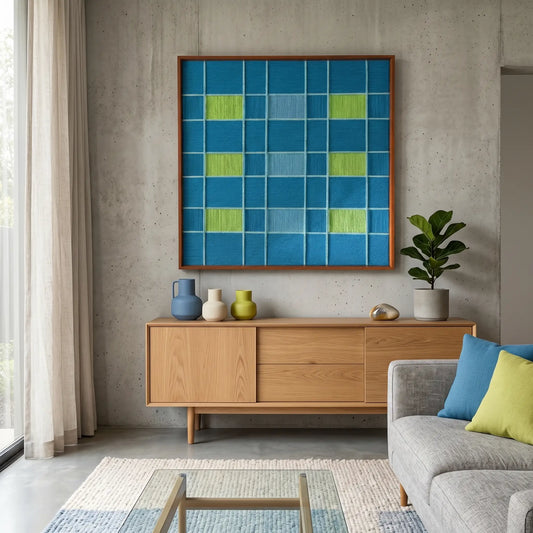 Framed fiber art tapestry with a blue checkerboard design displayed in a bright living space above a light oak cabinet.