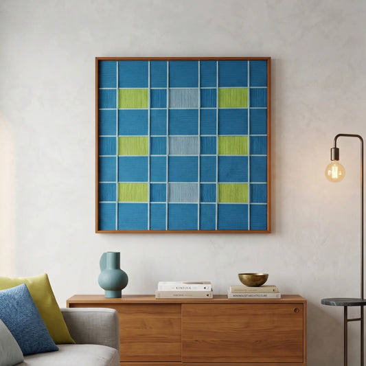 Hand-woven wool wall art with blue and lime green geometric squares hanging above a wooden sideboard in a modern living room.