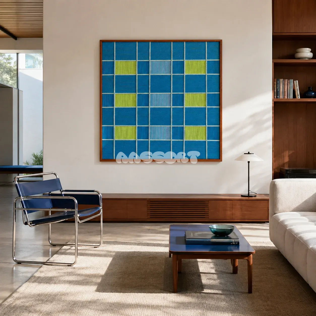 North Sea Poem ocean blue, sky blue, and lime green geometric yarn wall art displayed in a sunlit modern living room.