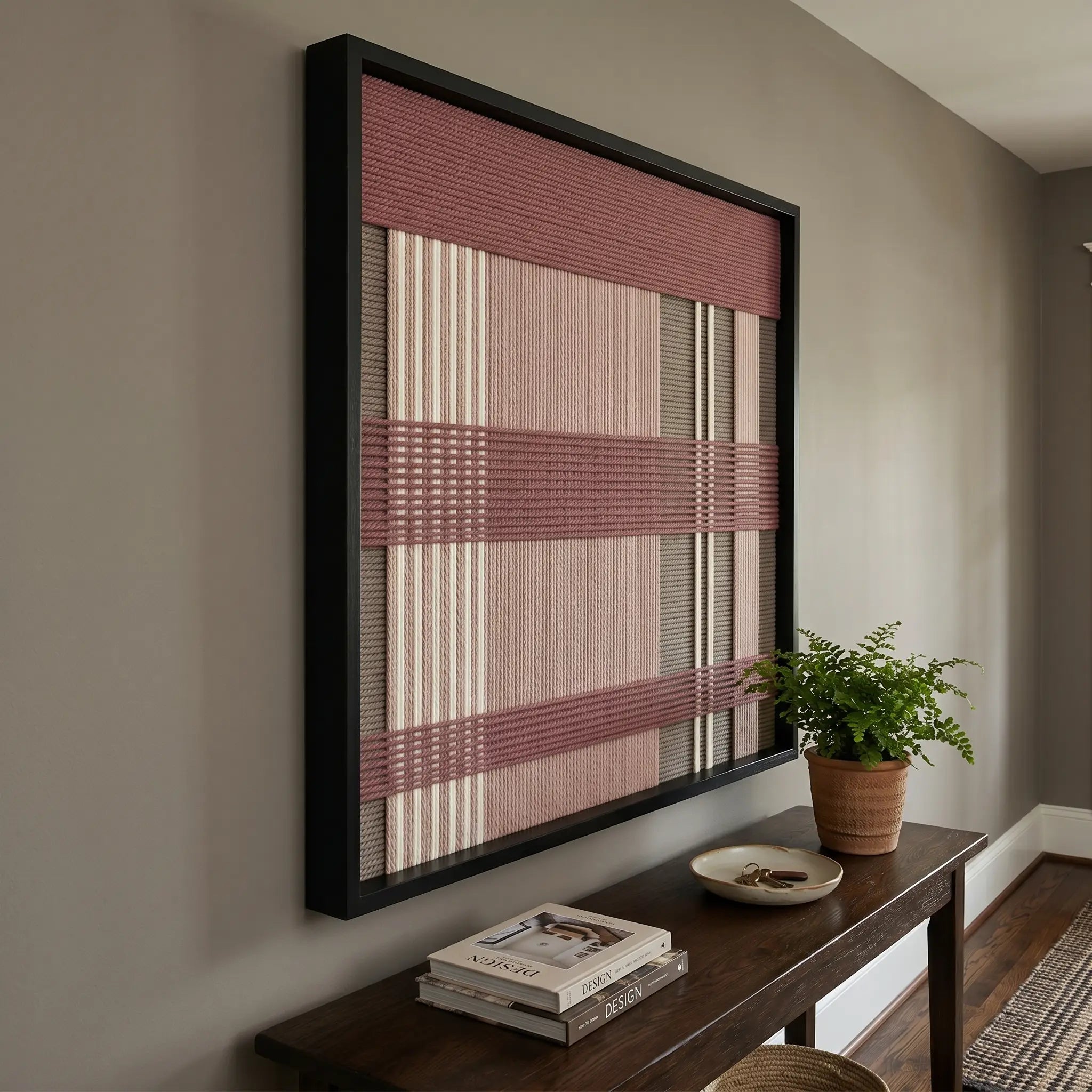 Angled side view of the framed Nostalgic Bloom textile wall art hanging gracefully on a softly lit hallway wall above a dark wooden console table.