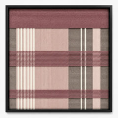 Frontal studio shot of the Nostalgic Bloom square hand-woven textile wall art featuring mauve, pink, grey, and cream geometric plaid patterns in a black frame.