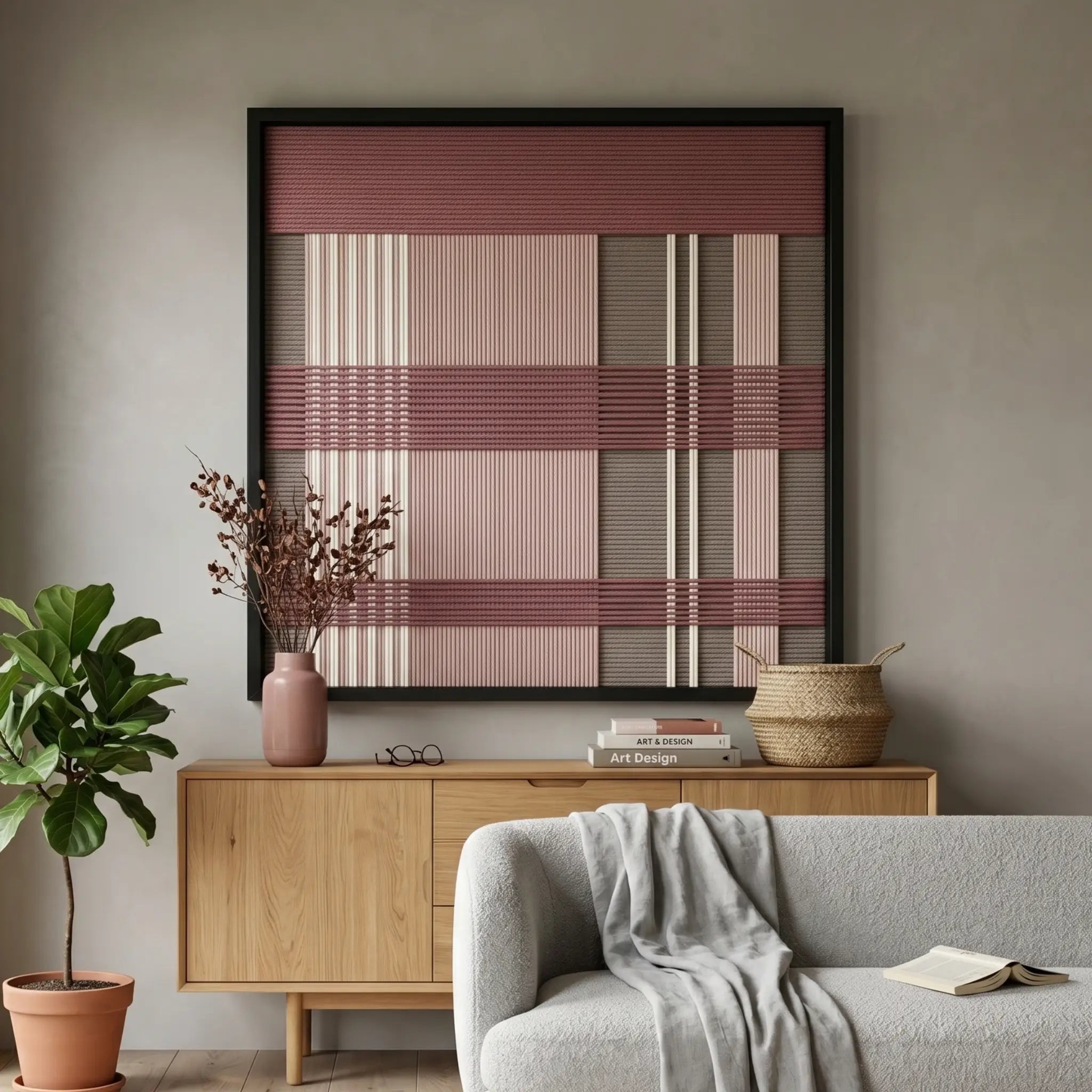 Framed Nostalgic Bloom textile wall art displayed in a bright living room, hanging above a light wooden credenza next to a cozy grey sofa and potted plant.