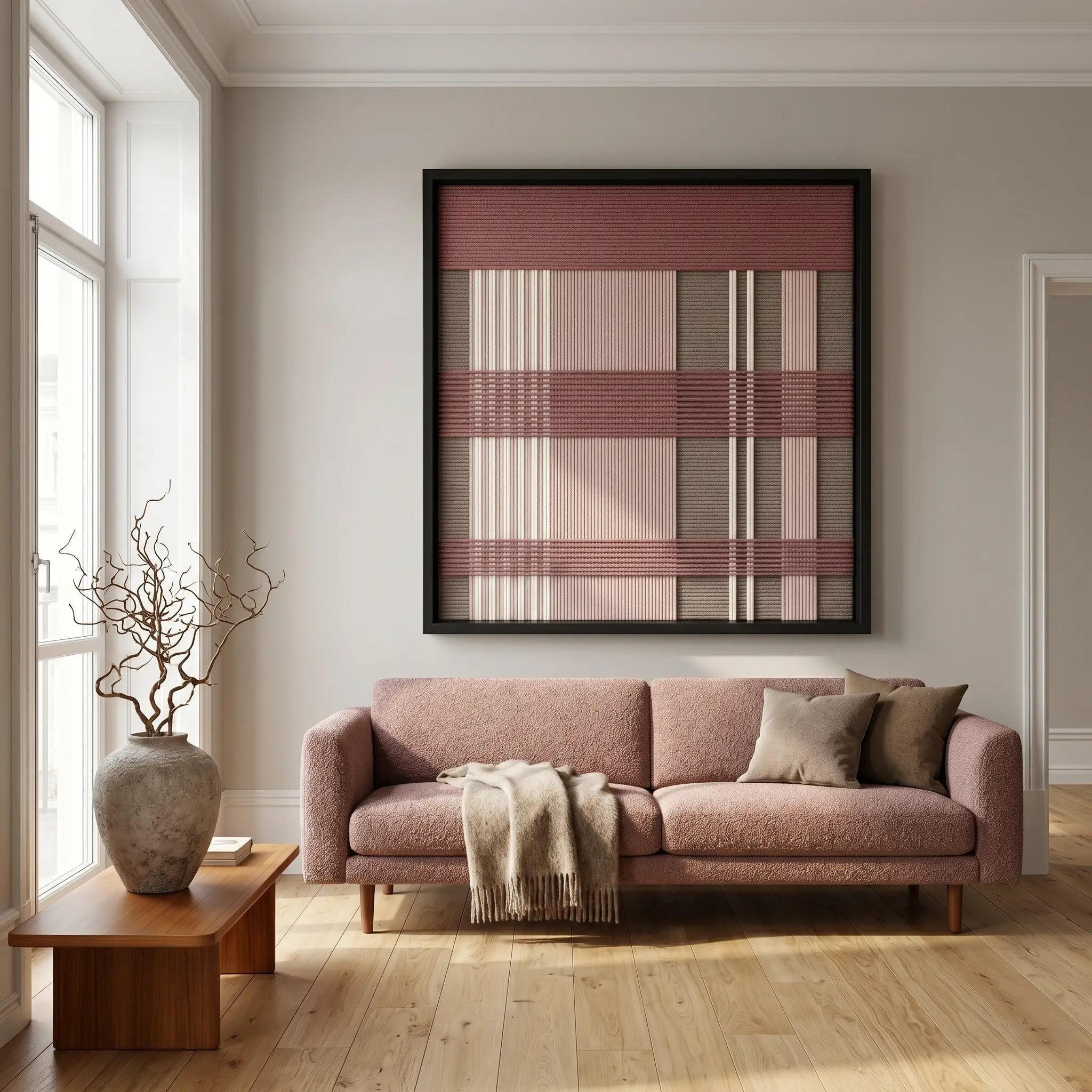 Large square Nostalgic Bloom hand-woven wall art hanging elegantly above a matching dusty pink sofa in a bright, modern living room with hardwood floors.