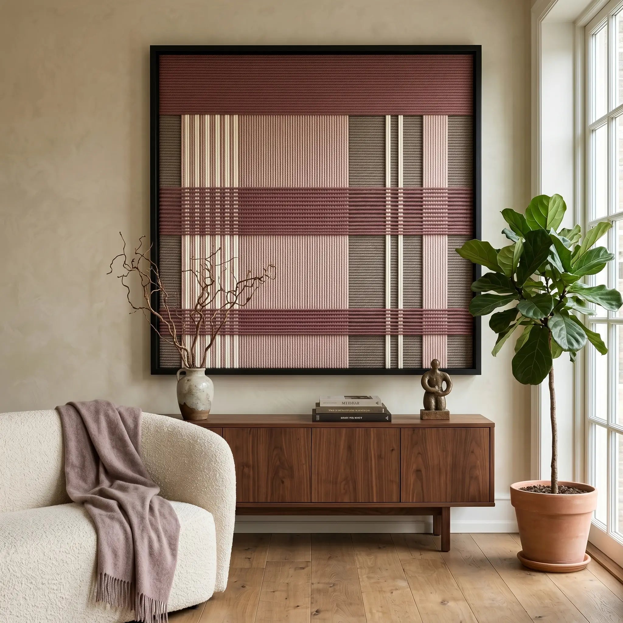Earth-toned Nostalgic Bloom framed wall art styled elegantly above a dark wood mid-century credenza next to a white curved armchair draped with a mauve throw blanket.