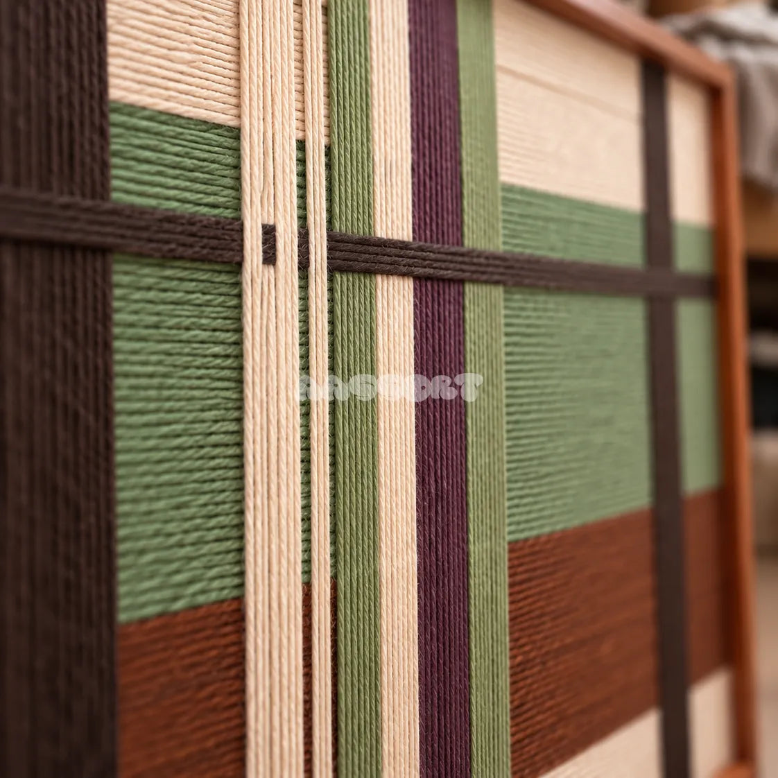 Detail of Olive Passage RE091 showing intersecting soft cotton cord lines in cream, olive green, plum and dark brown