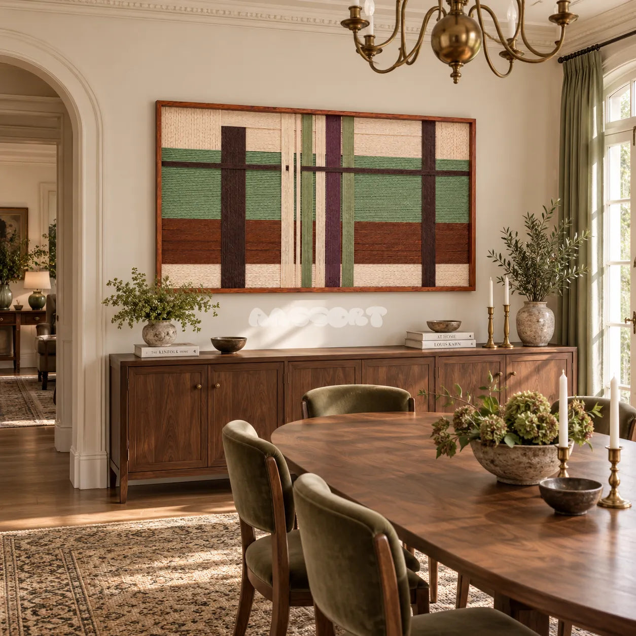 Olive Passage RE091 geometric fiber wall art displayed above a wood sideboard in a warm neutral dining room