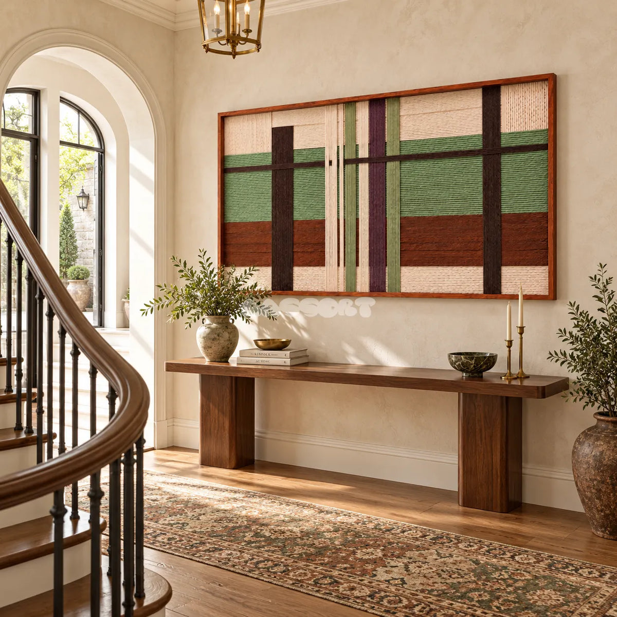 Olive Passage RE091 framed fiber wall art above a console table in a sunlit entryway beside a curved staircase