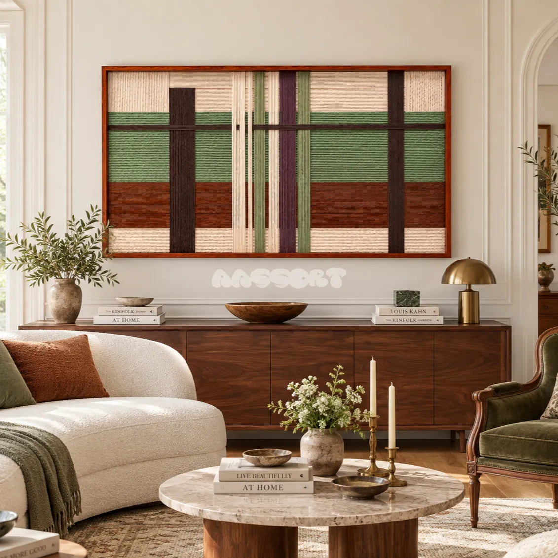 Olive Passage RE091 framed fiber wall art in olive green, chestnut brown, cream and plum above a wood sideboard in a warm living room