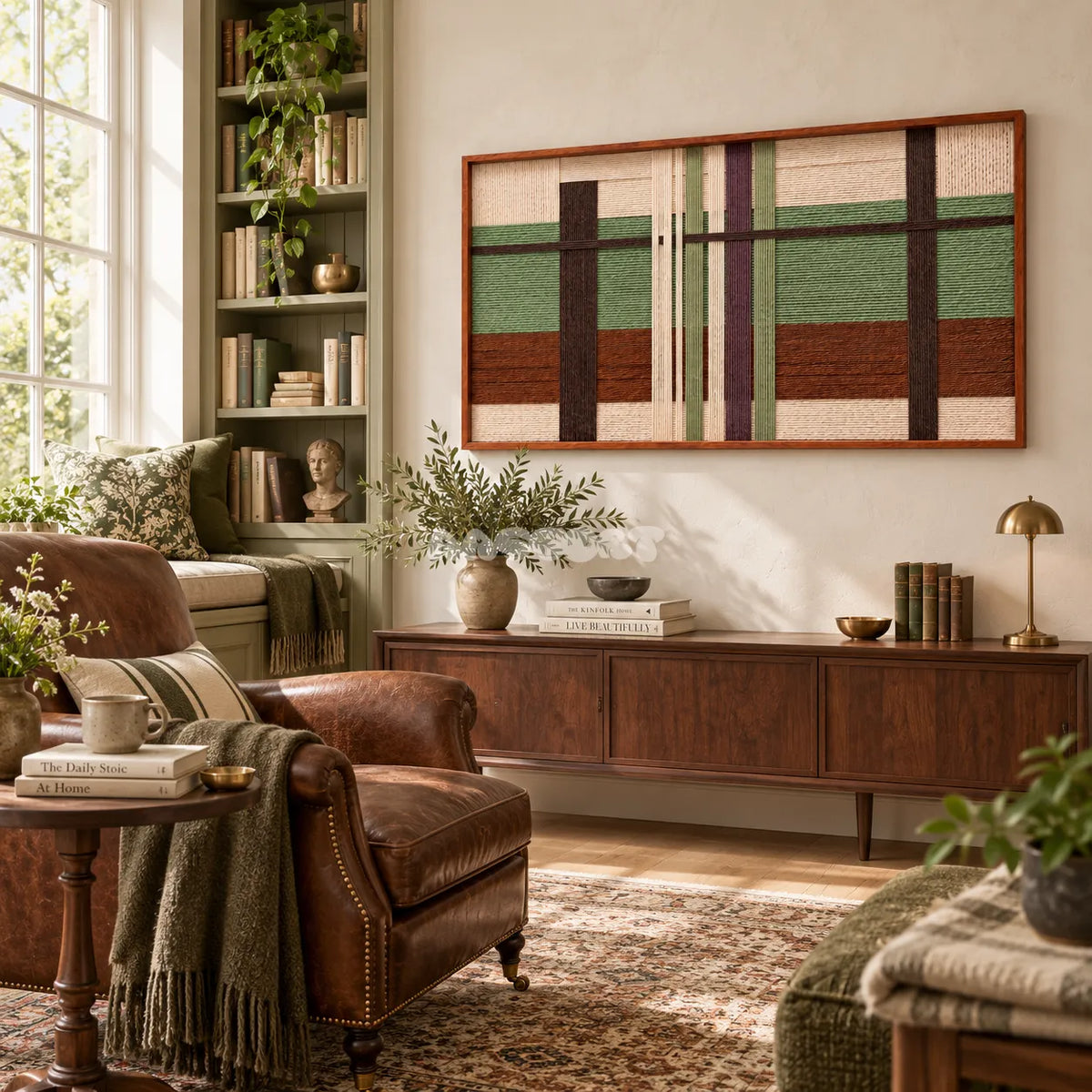Olive Passage RE091 framed textile wall art above a wood sideboard in a sunlit reading room with olive and brown furnishings