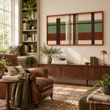 Olive Passage RE091 framed textile wall art above a wood sideboard in a sunlit reading room with olive and brown furnishings