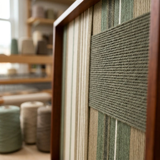 Angled close-up of the framed Olive Solitude hand-woven tapestry showcasing the raised dark green patch against striped beige and light green wool in a wooden frame.