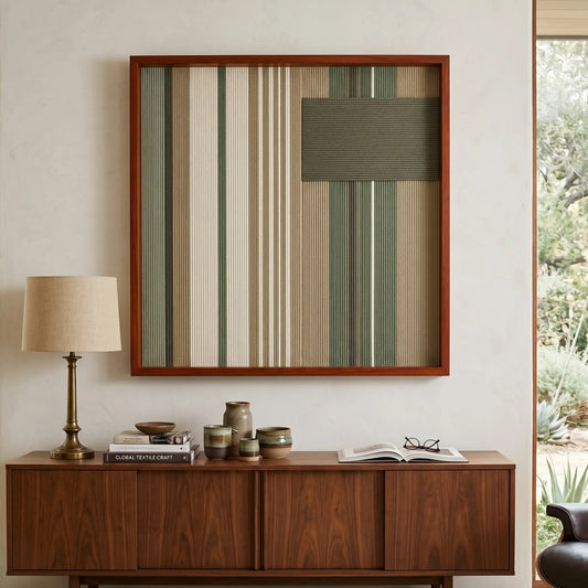 Earth-toned Olive Solitude framed wall art styled elegantly above a warm dark wood sideboard adorned with a modern lamp and small ceramics.