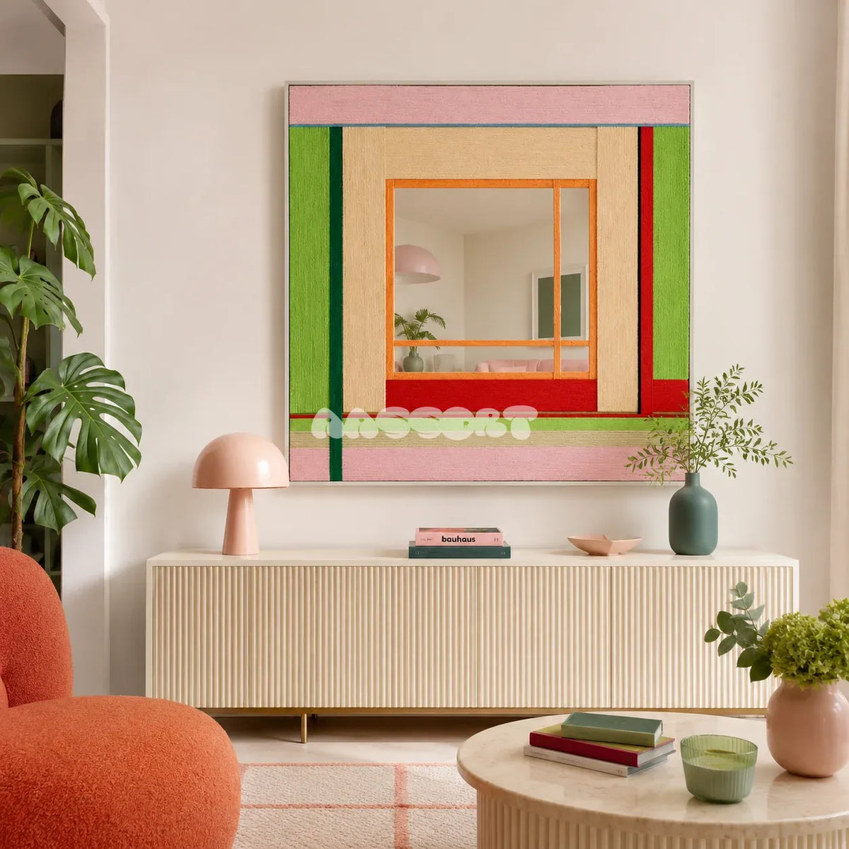 Olive Tree Romance colorful yarn-framed mirror displayed above a white sideboard in a bright modern living room.