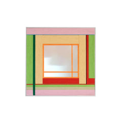 Studio front view of the square wall mirror featuring a geometric hand-woven wool frame in soft pink, green, and orange hues.