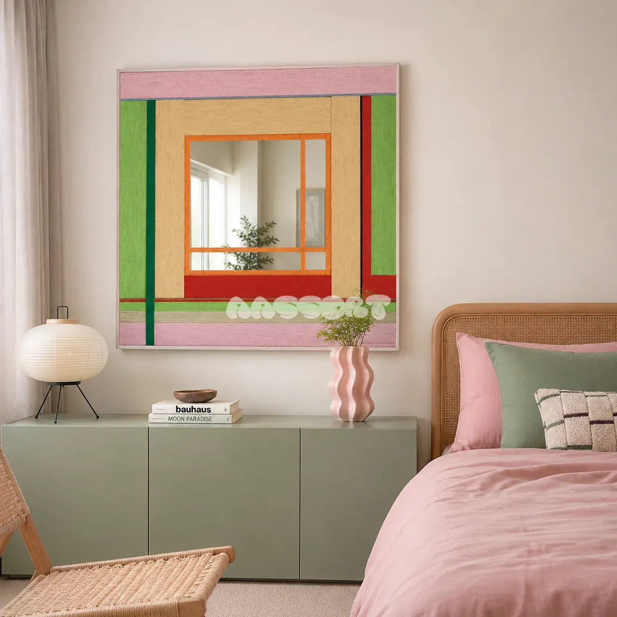 Olive Tree Romance colorful yarn-framed mirror displayed above a sage cabinet beside a pink bed in a modern bedroom.