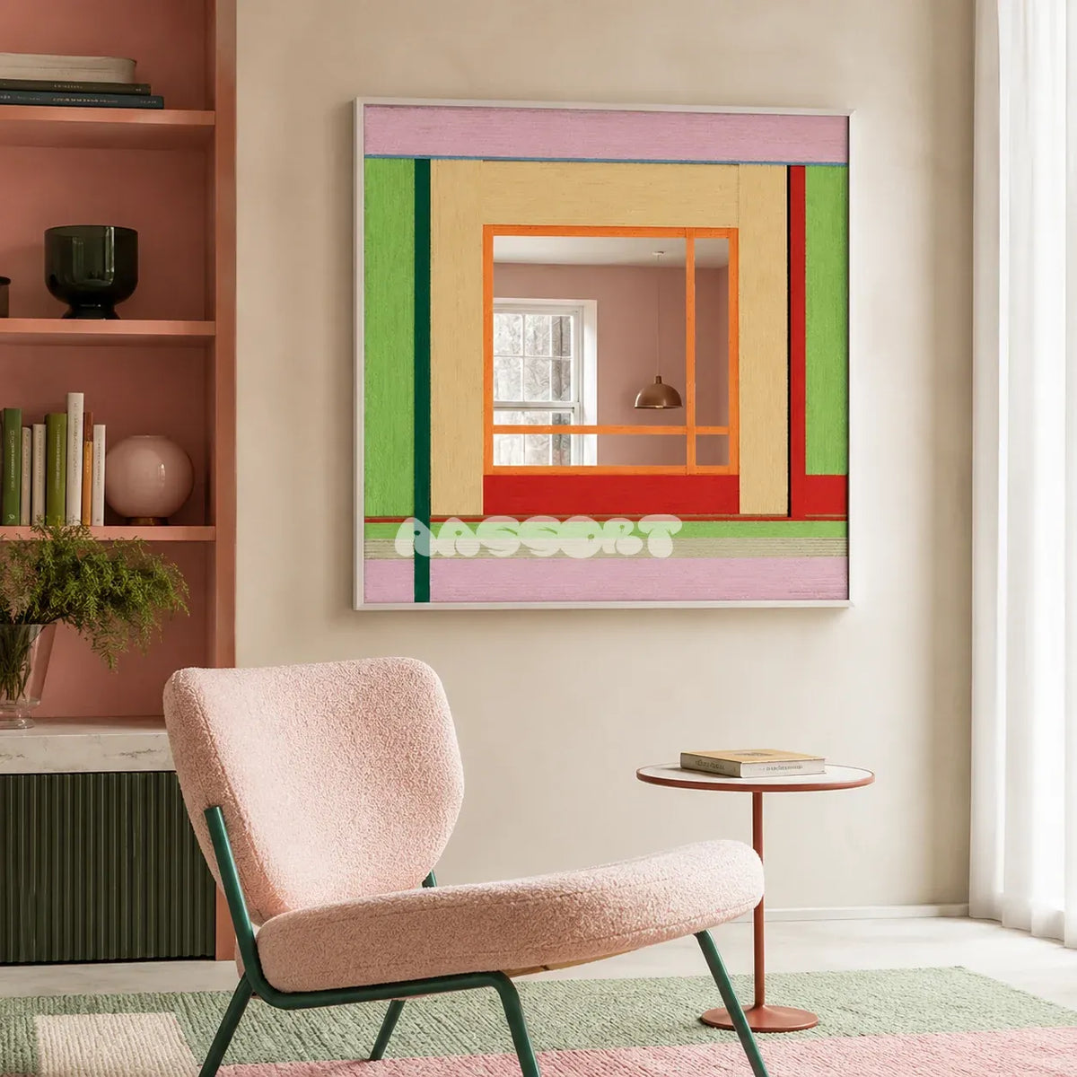 Olive Tree Romance green, blush, beige, orange, and red yarn-framed mirror displayed beside a blush lounge chair in a pastel reading corner.