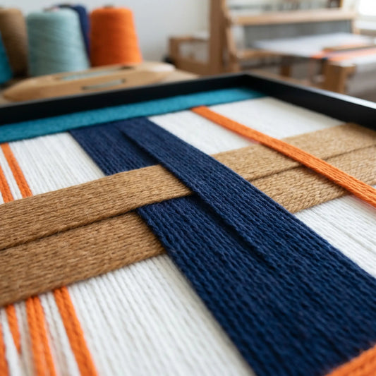 Close-up corner detail of the hand-woven wool tapestry highlighting textured navy blue, orange, brown, and cream vertical yarns in a frame.