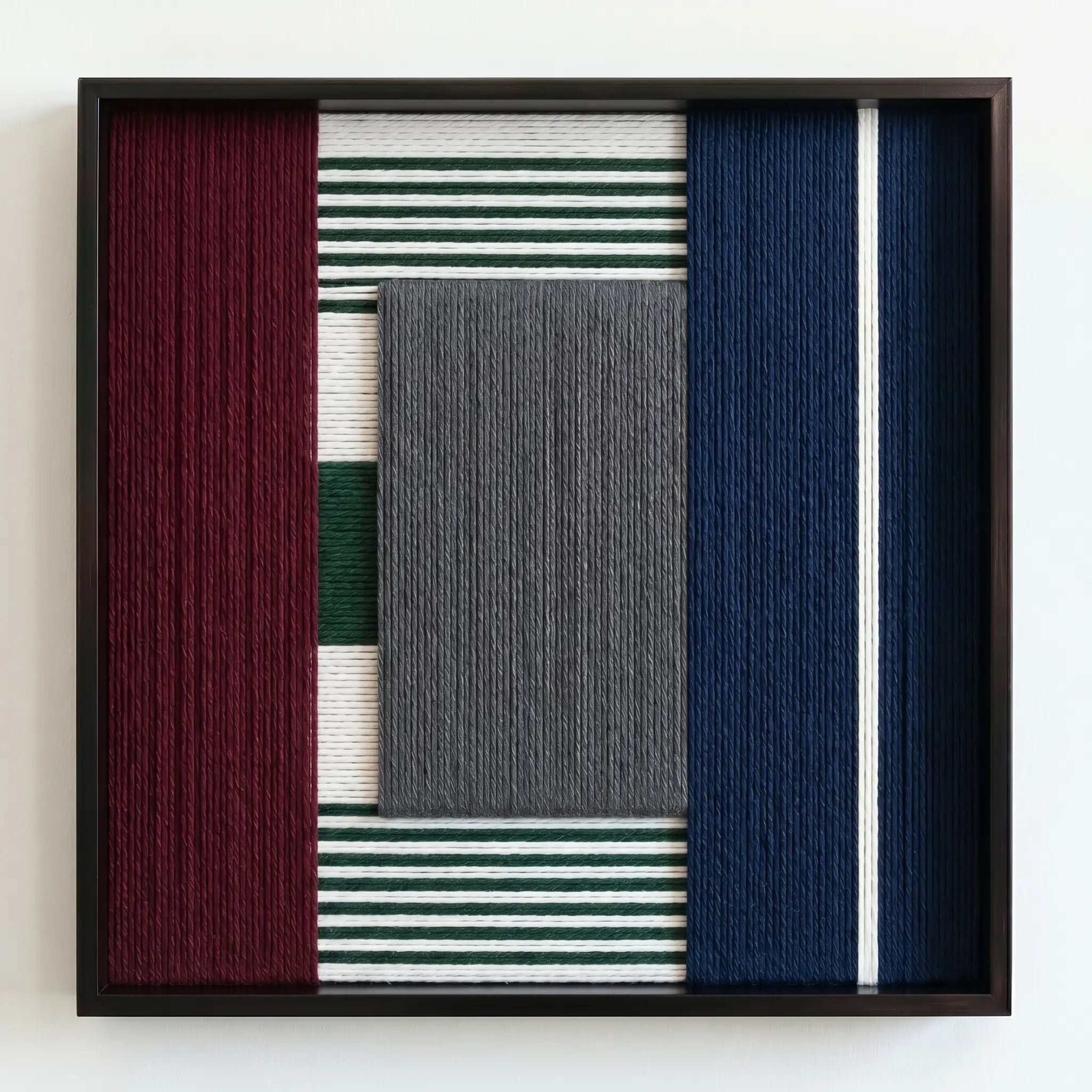 Frontal studio shot of the "Overture of Dusk & Dawn" fiber art featuring vertical navy and deep red wool blocks in a black frame.