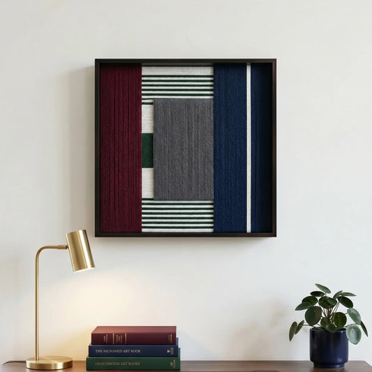 Square framed fiber art hanging in a minimalist corner above a dark wood table with a brass lamp and small plant.