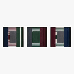 Frontal studio shot of the Overture of Dusk & Dawn triptych set, showcasing three matching square hand-woven textile art pieces in black frames.